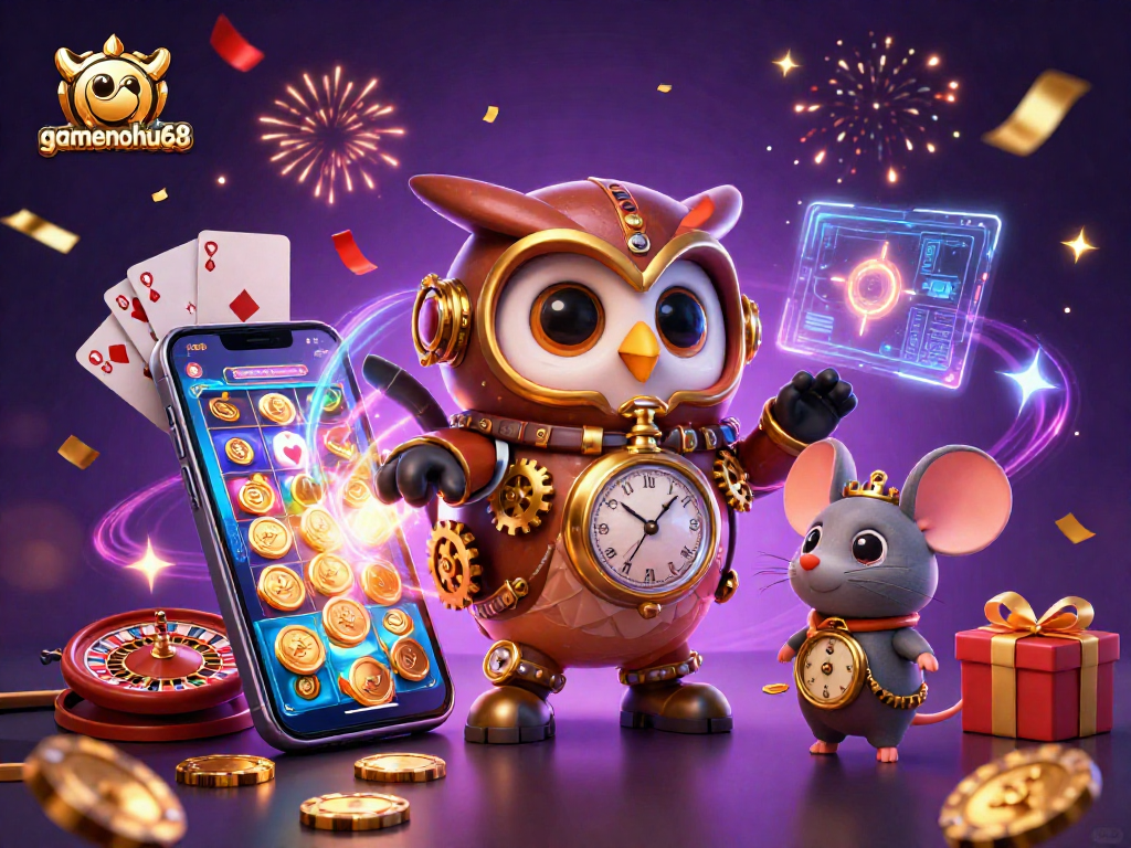 Experience the excitement of gamenohu68 with a vibrant 3D illustration featuring a time-traveling owl and casino games.
