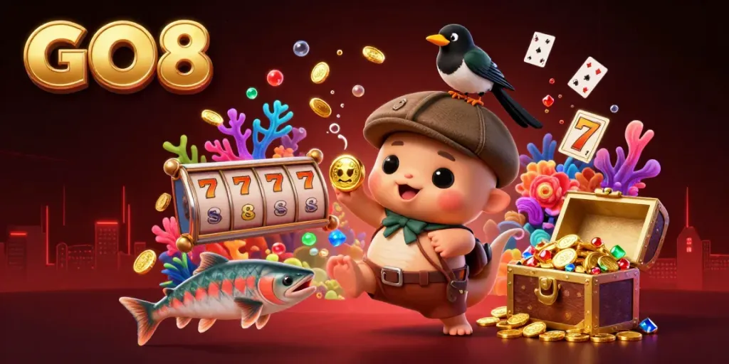 Engage with GO8 in this vibrant 3D casino scene, bursting with slot machines and playful characters.
