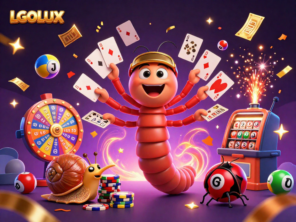 Engage with LGOLUX's dynamic bingo and lottery scene featuring vibrant characters and festive elements.