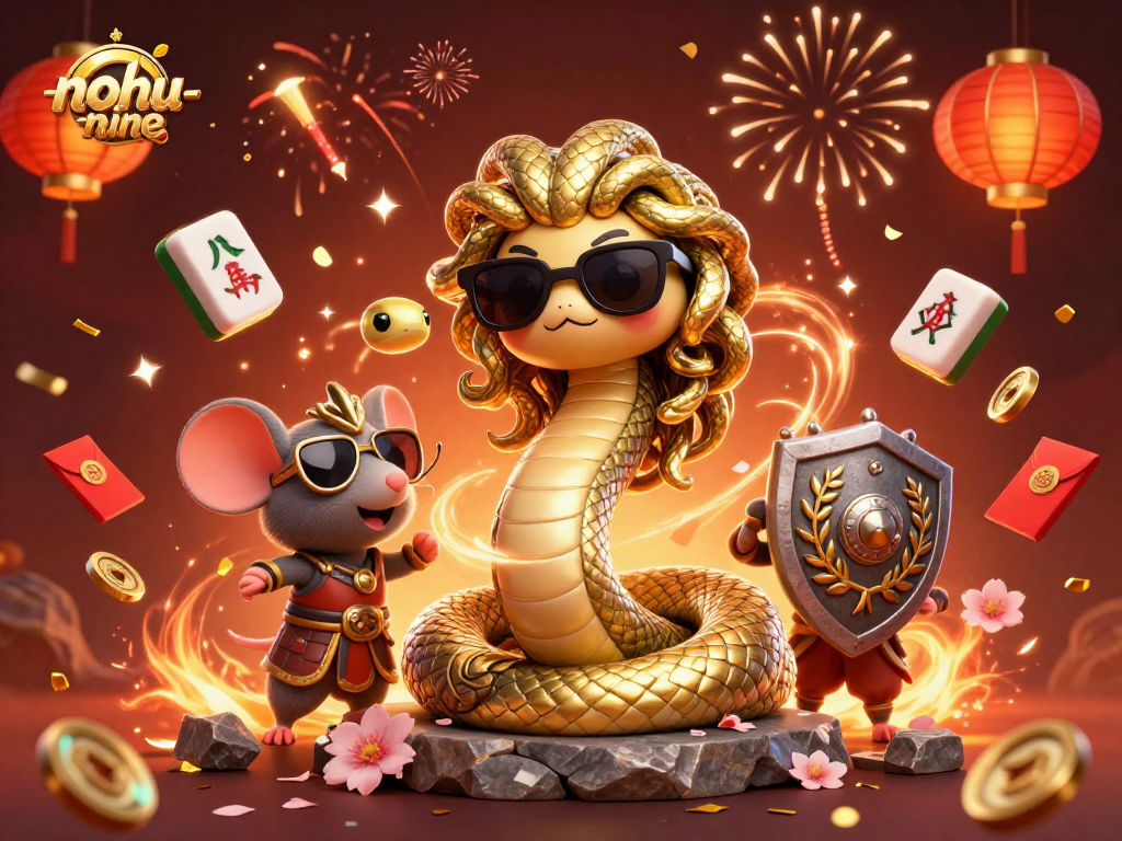 Nohu-nine game illustration showcasing dynamic Medusa, a warrior mouse, and festive elements in a casino setting.