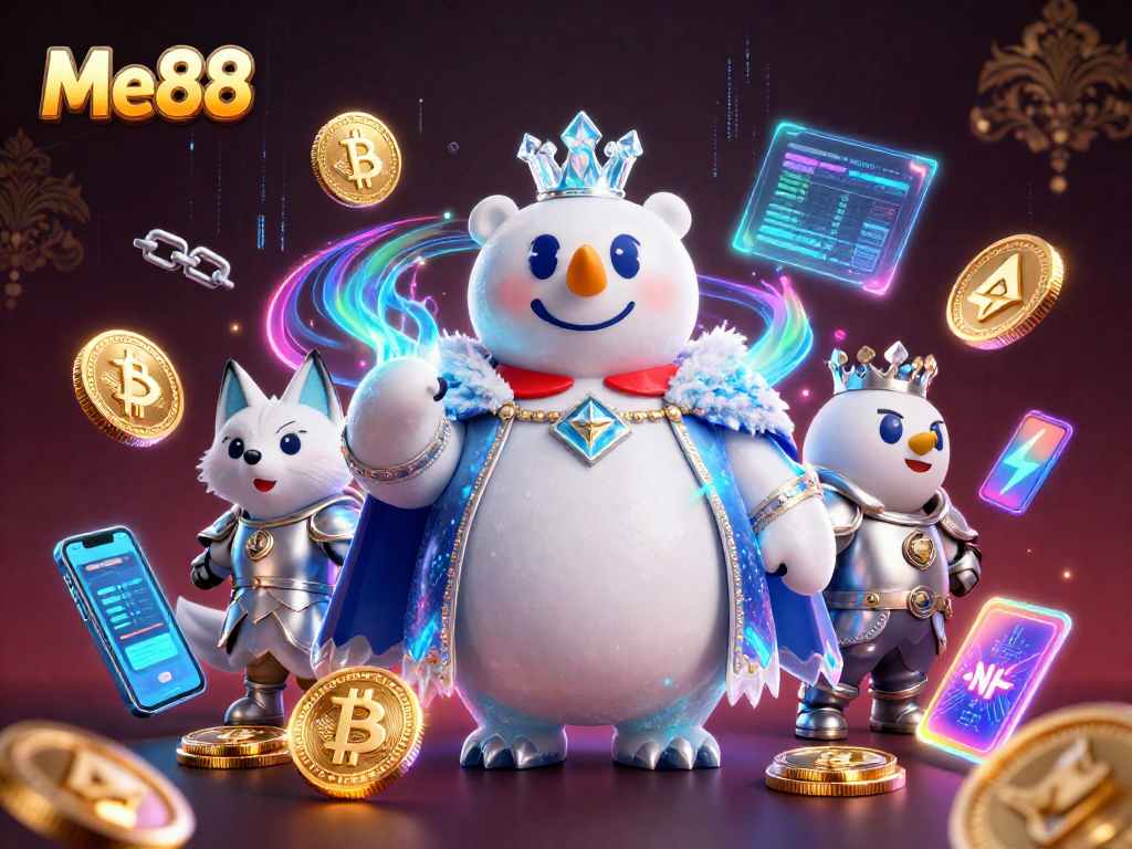 Bet on your favorite games with Me88 in a vibrant 3D casino illustration featuring themed elements.