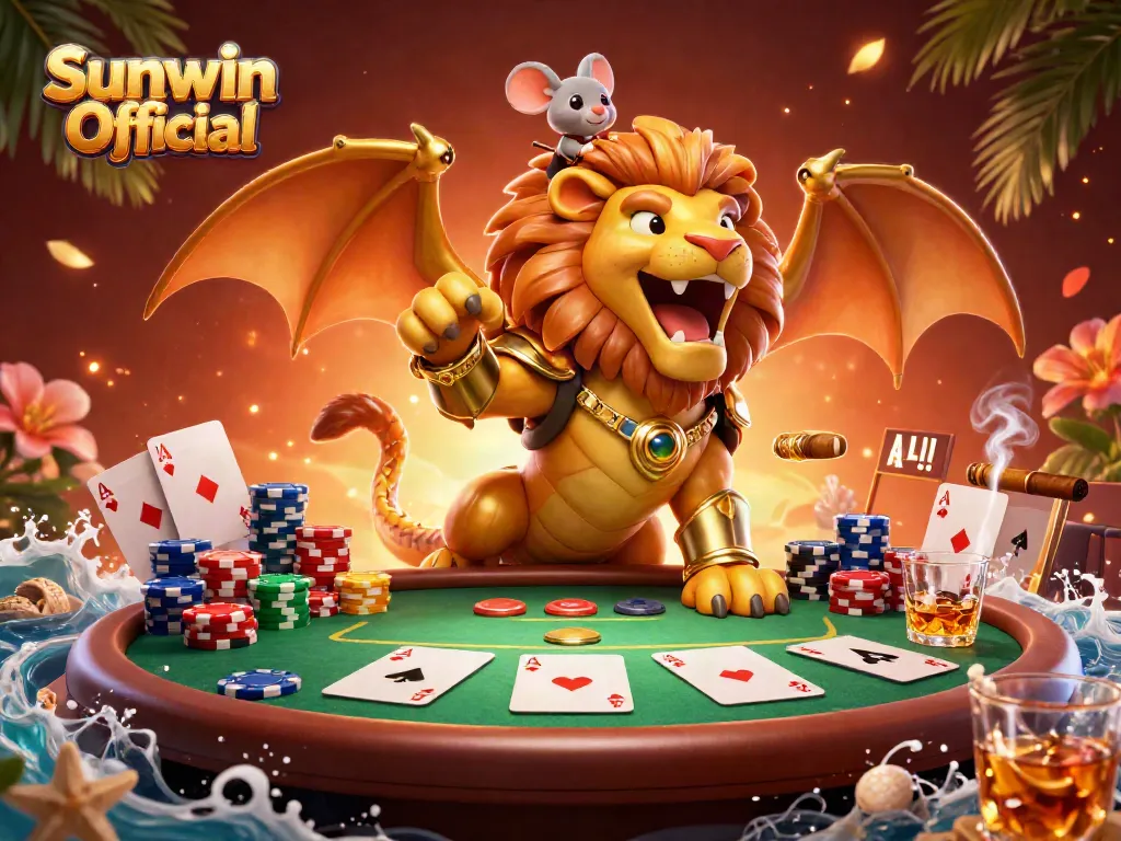 Experience the thrill of gaming with Sunwin Official in a vibrant illustration featuring a lion-headed chimera and poker elements.