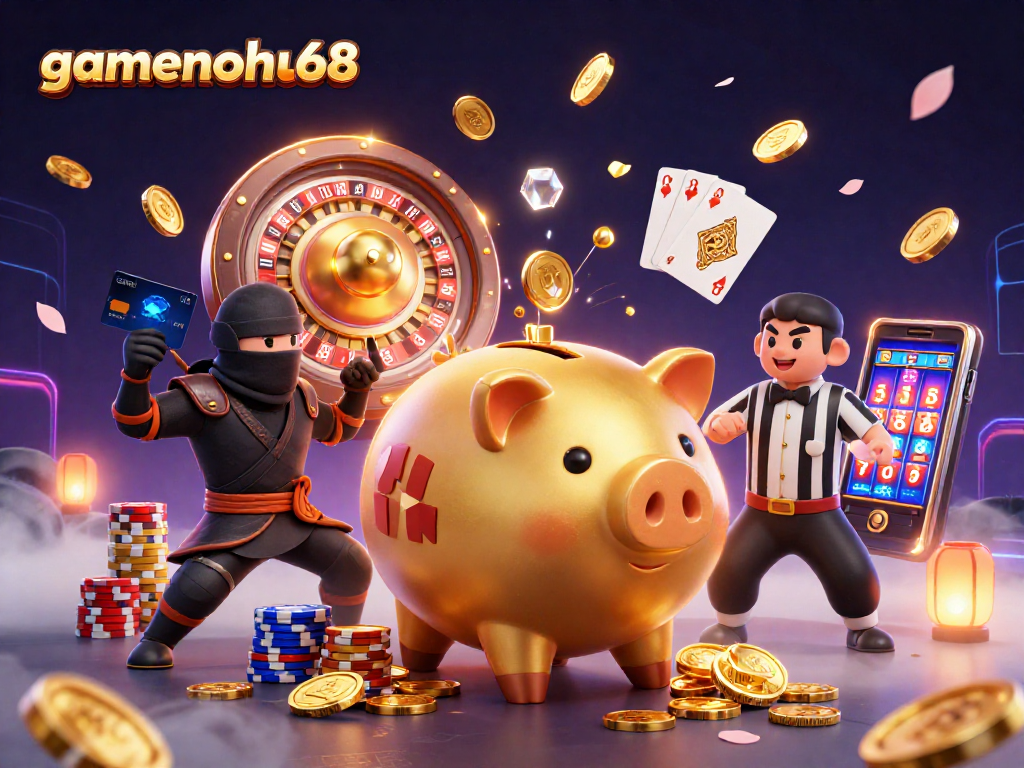 Engage with gamenohu68 in this vibrant 3D casino scene featuring a sumo wrestler and exciting game elements.