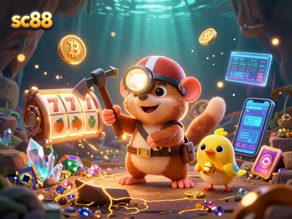 Engage with sc88 betting options featuring a treasure hunter mole and glowing slot reels for big wins.
