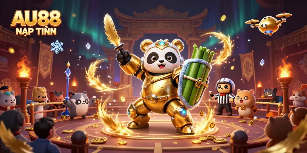 Experience the excitement of AU88 NẠP TIỀN with a golden panda robot amidst dynamic casino action.