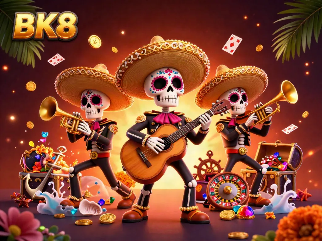 Enjoy dynamic BK8 gaming action with colorful Day of the Dead mariachi skeletons in a vibrant casino scene.