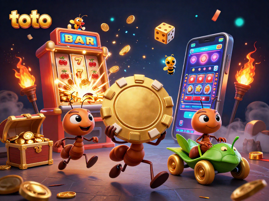 Visualisasi heist tim semut 3D membawa chip poker emas, dalam latar kasino yang meriah toto.