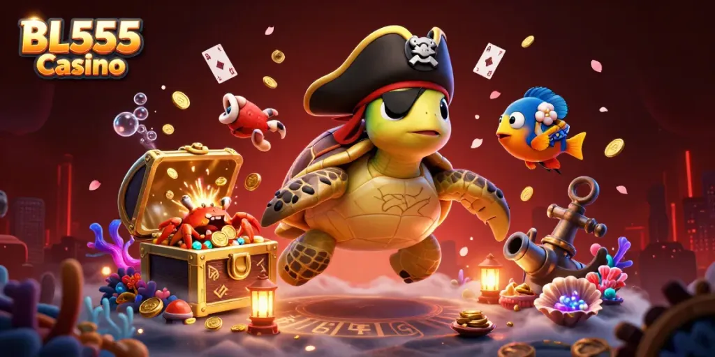 Engage with the excitement of BL555 Casino featuring a lively underwater scene with colorful characters and dynamic game elements.