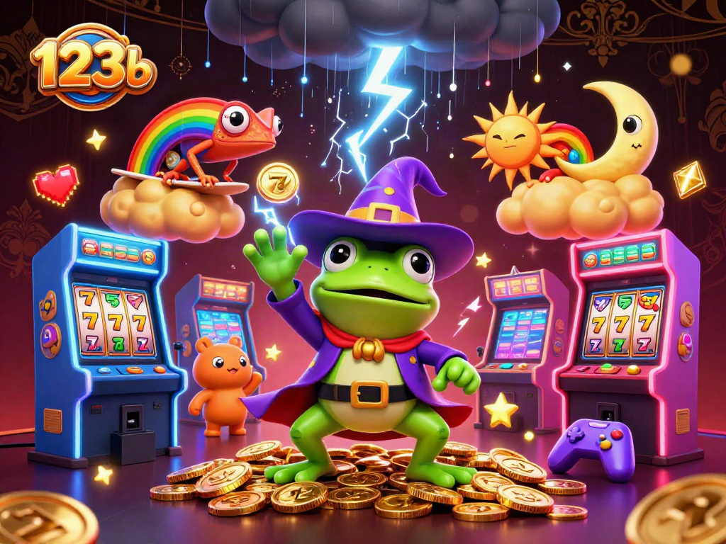 Win big with 123b in a vibrant casino scene featuring a wizard frog and colorful characters.