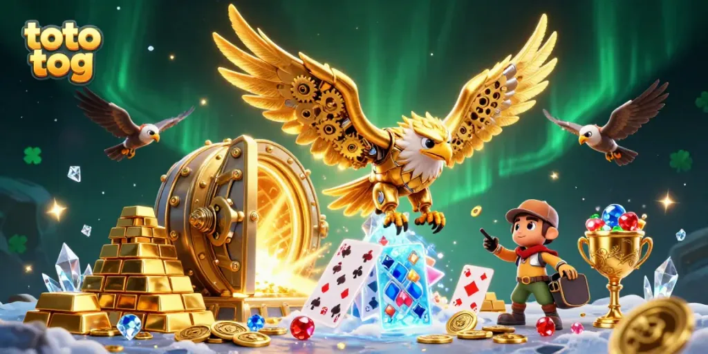 Experience thrilling wins with the dynamic toto tog illustration of a cybernetic eagle in a vibrant casino.