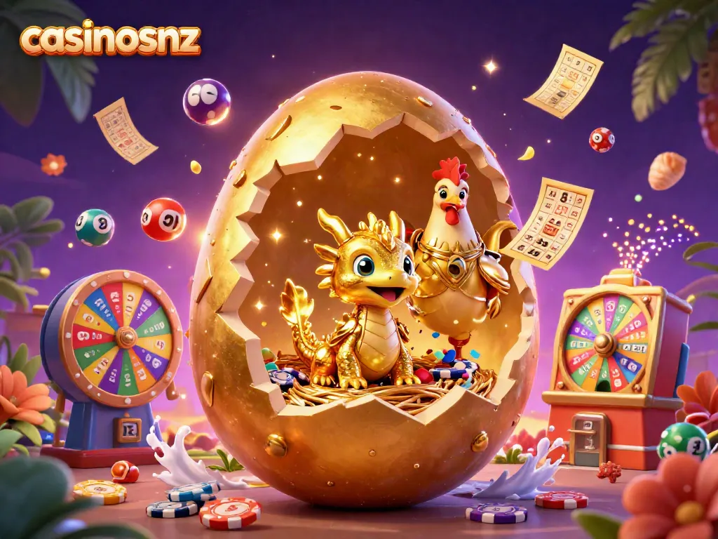 Experience the thrill of casinosnz with vibrant gaming elements featuring a golden dragon and lottery balls.