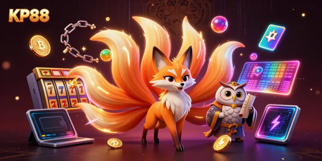Experience the thrilling KP88 casino with vibrant animated characters and slot reels showcasing an immersive gambling scene.
