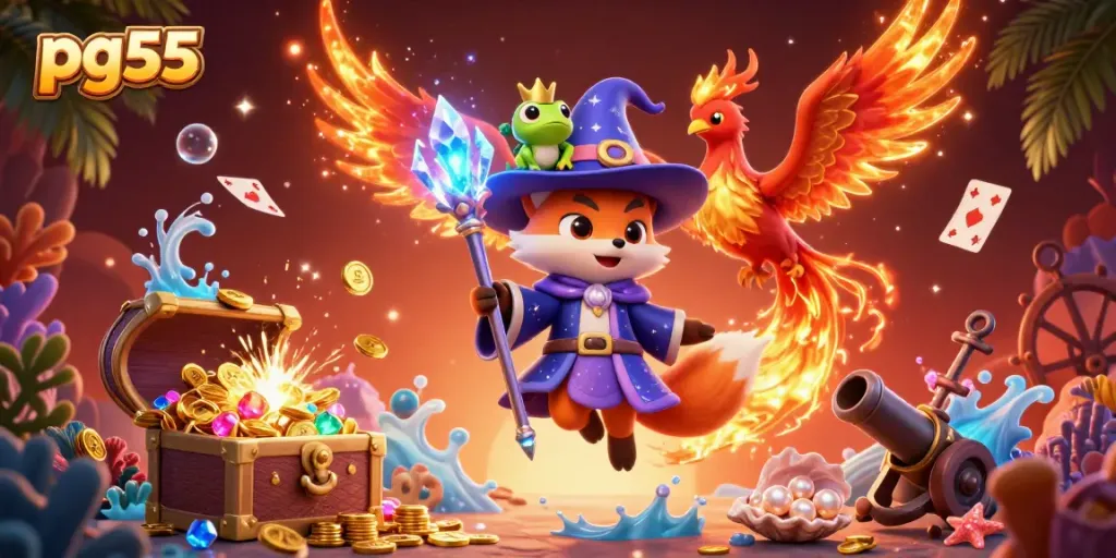 Experience majestic pg55 gaming with a wizard fox, phoenix, and gems in this vibrant illustration.