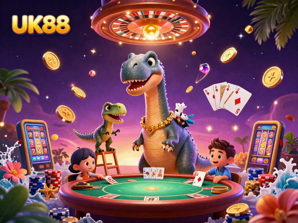 Engage in the vibrant UK88 casino experience with a playful brontosaurus and clever raptor.