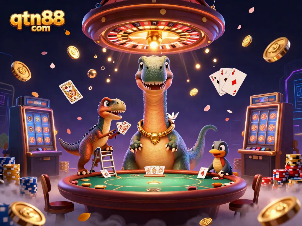 Experience lively gaming at qtn88 com, featuring a giant brontosaurus and casino elements.