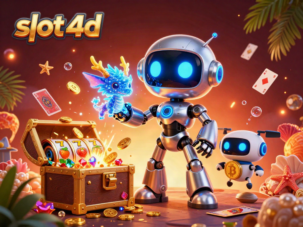Slot 4D menampilkan robot futuristik dengan harta karun emas dan simbol permainan kasino.