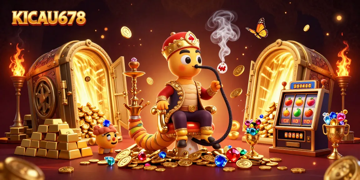KICAU678 showcases a dynamic 3D casino scene with a caterpillar hookah-master and slot elements.