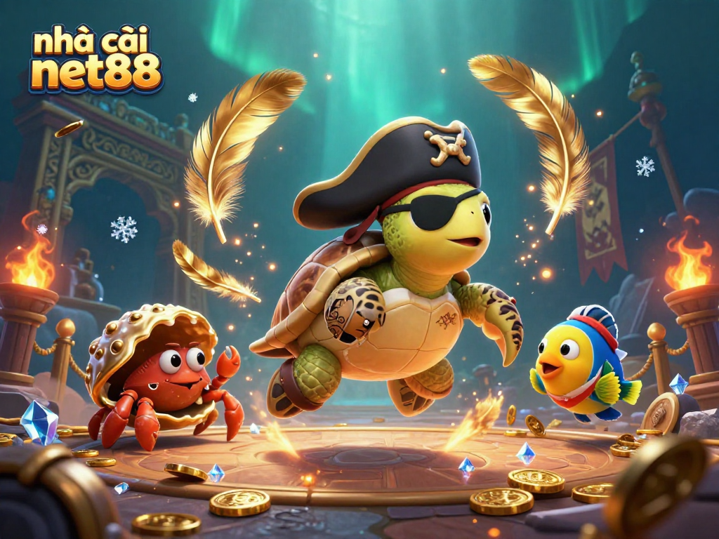 Engage in thrilling gameplay at nhà cái net88 with vibrant characters and casino-themed elements, featuring a pirate turtle, crab, and parrotfish.