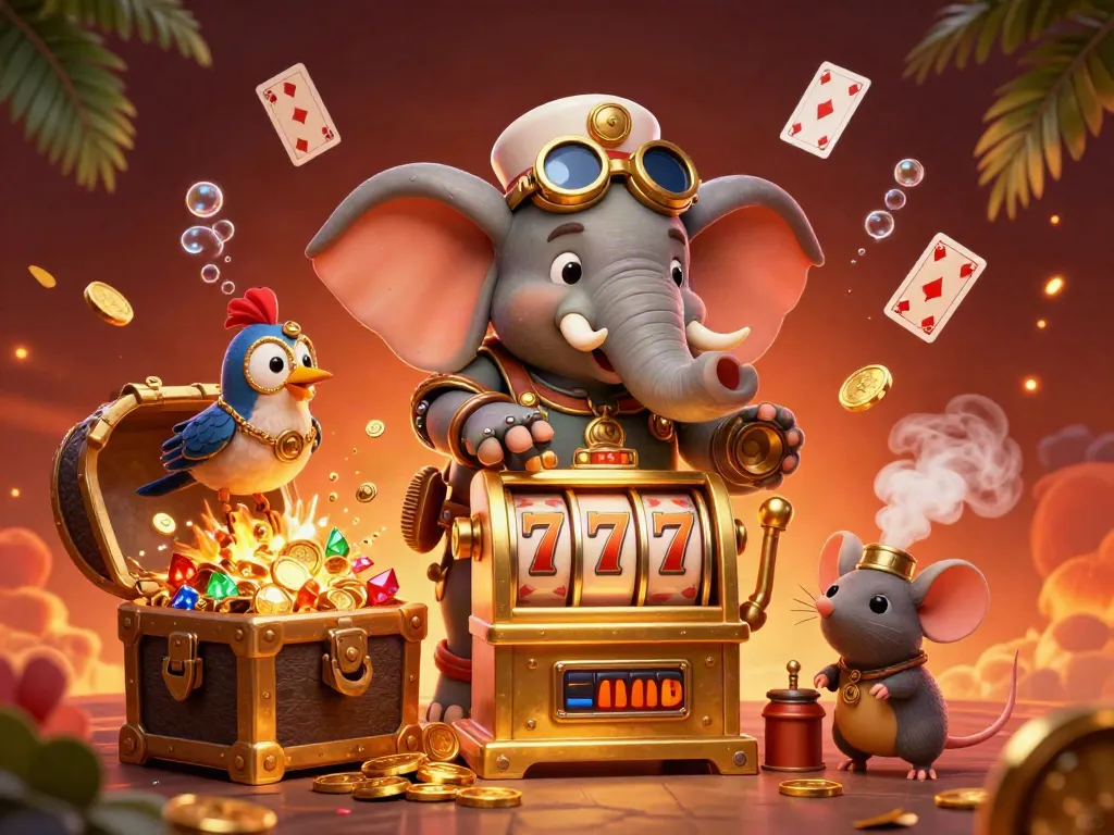 Experience the fun of AE888 with dynamic steampunk characters, slot machines, and treasures in a vibrant casino scene.