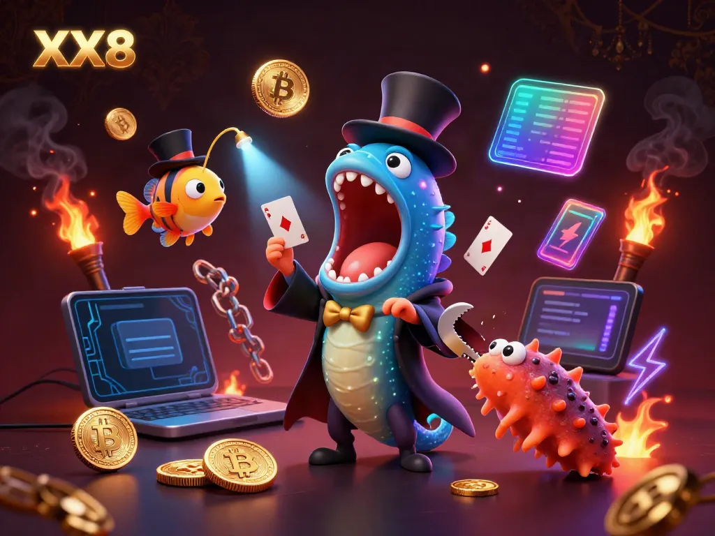 Experience thrilling gameplay at XX8 with magical sea creatures performing card tricks amidst glowing crypto coins.