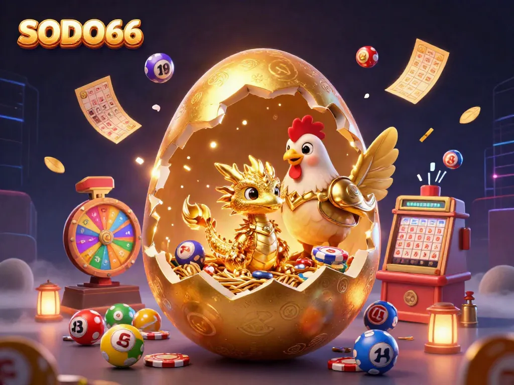 Experience the thrill of SODO66 with a vibrant 3D illustration featuring a golden dragon and dynamic lottery elements.