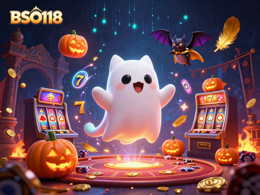 Engage with BSO118 in a haunted casino featuring a ghost cat and bat amidst vibrant gaming elements.