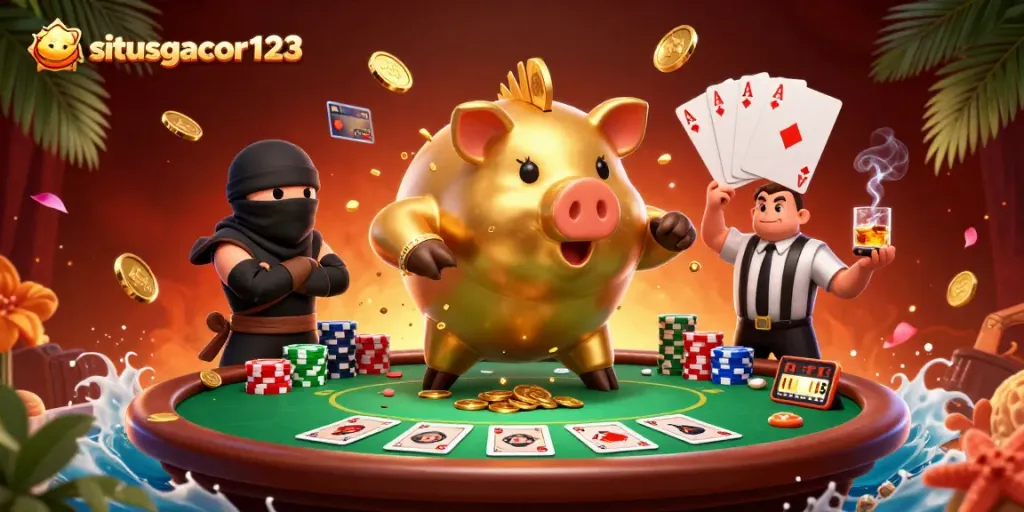 Experience thrilling gameplay at situsgacor123 with an action-packed casino scene featuring a sumo piggy bank and dynamic card elements.