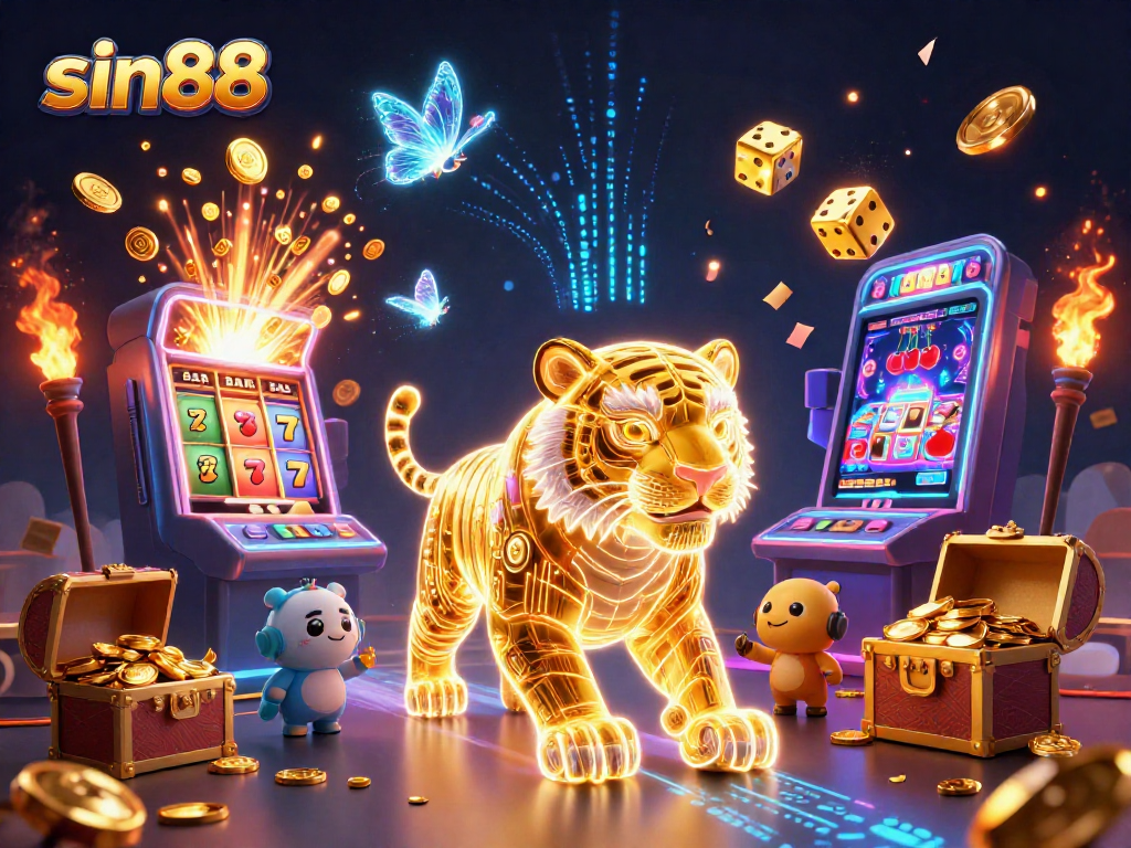 Win big at sin88 with a stunning 3D illustration of a golden tiger in a vibrant casino.
