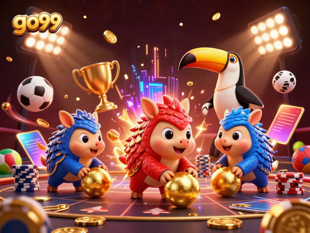Engage with go99's thrilling gambling atmosphere featuring animated pangolins rolling golden balls through poker chips.