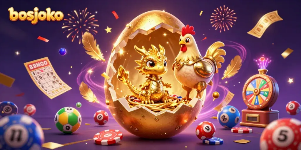 Experience the thrill of bosjoko with a vibrant golden dragon surrounded by casino elements.