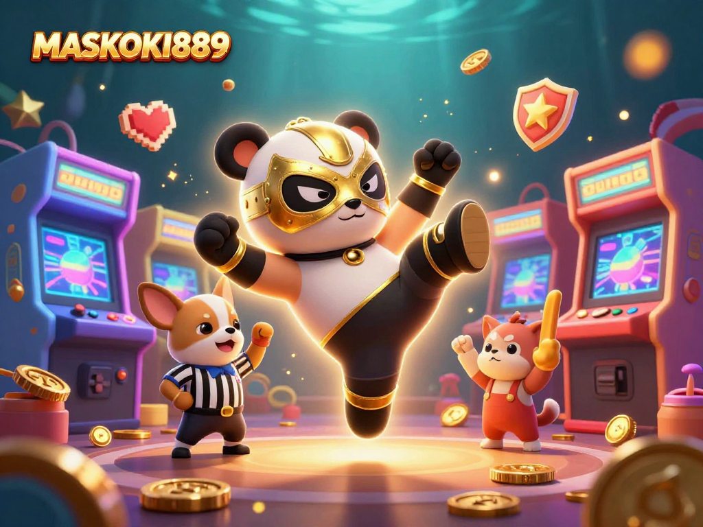 Engage with MASKOKI889's exciting gaming experience through colorful 3D casino scenes.