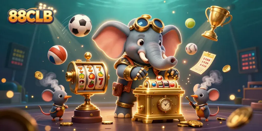 Spin the reels with 88CLB in this vibrant casino scene featuring a steampunk elephant.