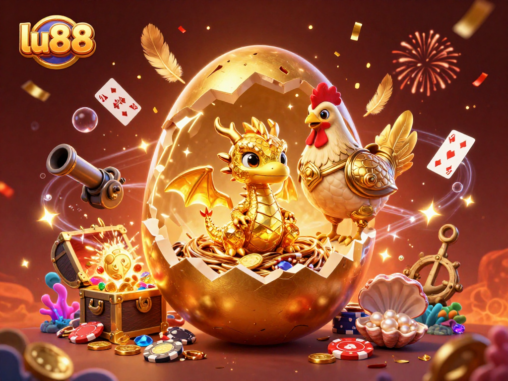 Experience the thrill of lu88 as a golden dragon reveals poker chips amidst casino treasures.