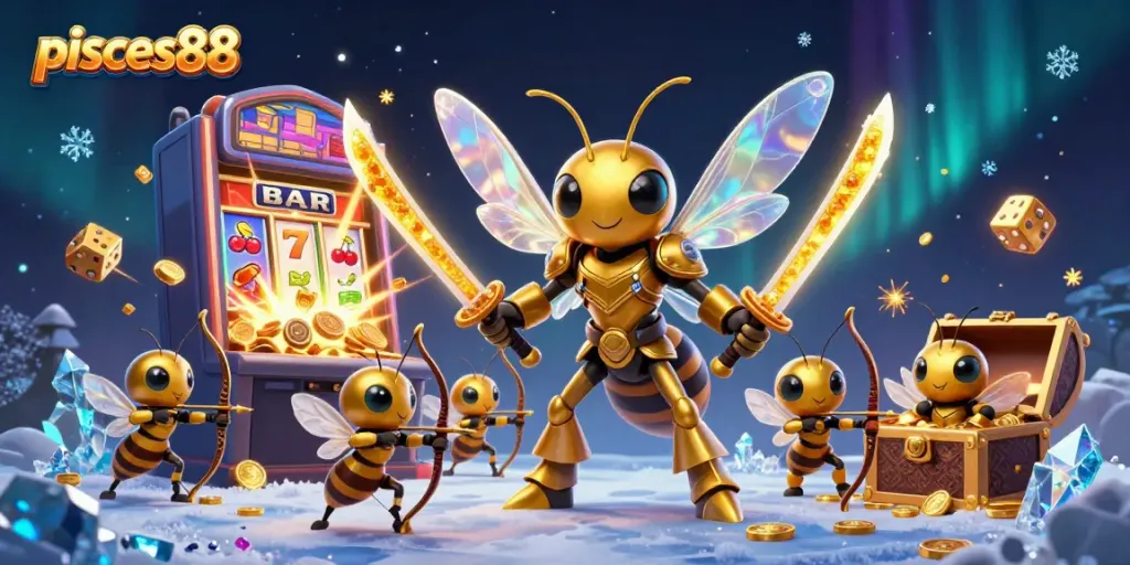 Experience the excitement of pisces88 with a dynamic casino scene featuring samurai hornets and golden jackpots.