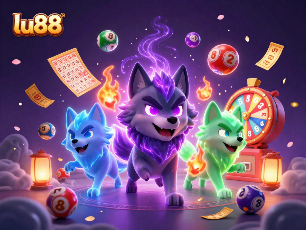 Engage in thrilling gameplay with LU88 as glowing wolves guide your lottery adventure in this vibrant casino scene.