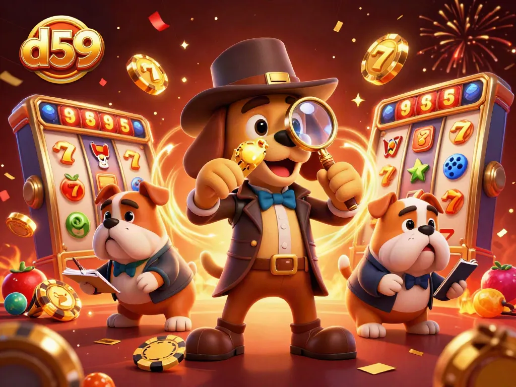 d59 players spinning slots and compiling clues for jackpot triumph in a chaotic casino scene.