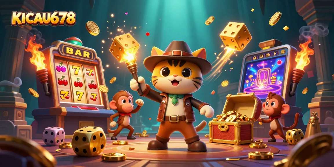 Experience seamless gaming at KICAU678 with a vivid illustration of an explorer finding casino treasures.