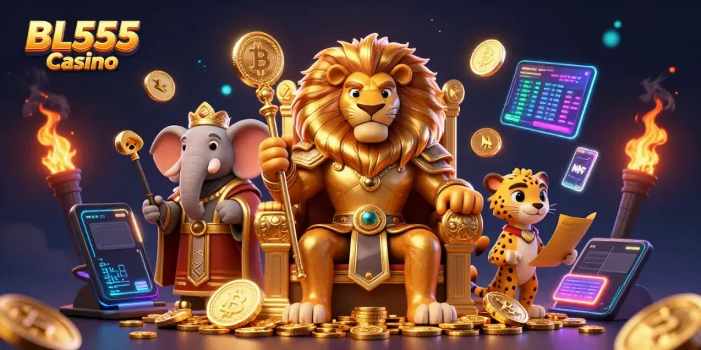 Engage in thrilling gameplay at BL555 Casino with a magical 3D illustration of a lion king, elephant advisor, and cheetah messenger.