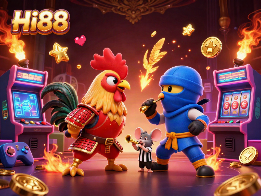 Engage in thrilling gameplay at Hi88 with dynamic rooster duel set in a vibrant casino atmosphere.