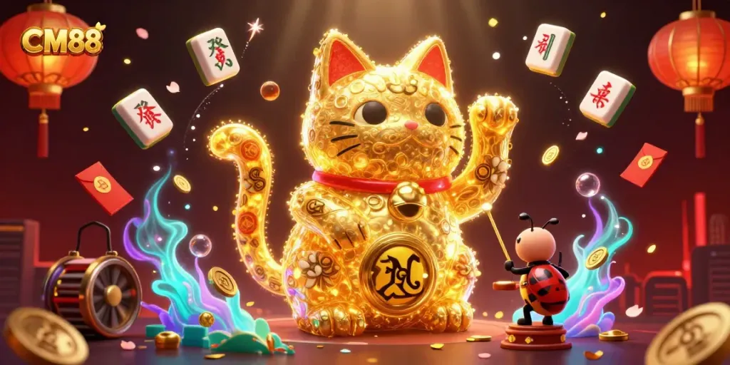 Experience CM88 with a vibrant lucky cat made of fireflies and casino symbols in a magical scene.