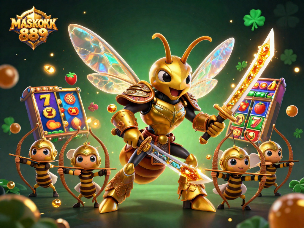 Engage with MASKOKI889 by spinning vibrant slot reels and winning jackpots in this dynamic 3D illustration.