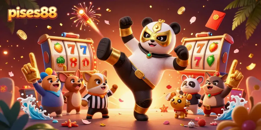 Engage with pisces88 through a vibrant 3D scene showcasing winning moments in online slots.