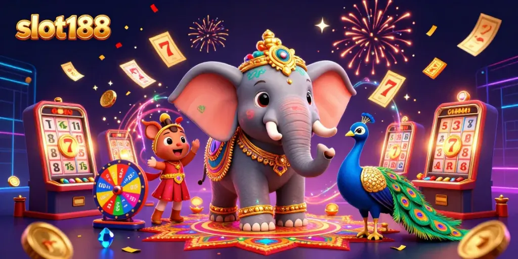 slot188 menghadirkan suasana bermain slot dengan gajah hias di tengah gemerlap, simbol keberuntungan dan lampu kilau.