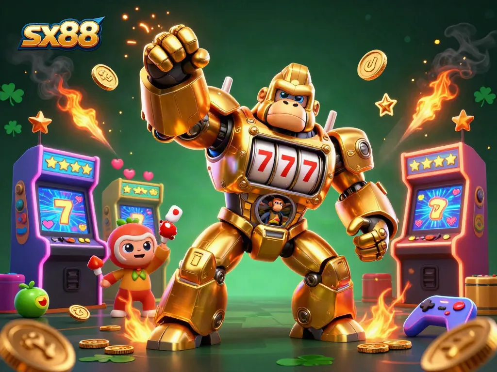 Experience the excitement of sx88 with a dynamic golden gorilla mech casino scene.