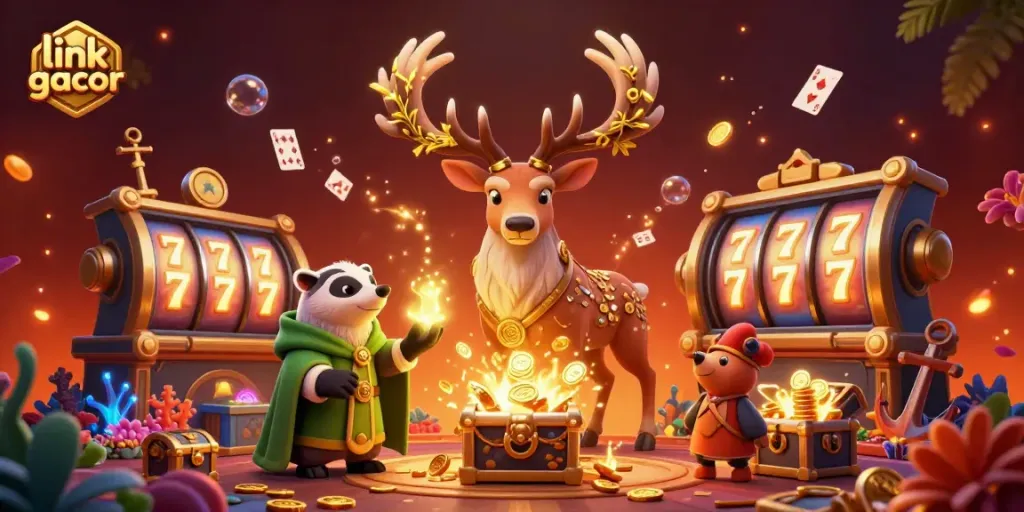 Experience the excitement of link gacor with a vibrant casino scene featuring a druid stag and game elements.