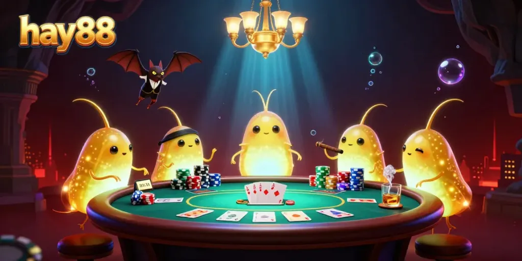 Experience the excitement of hay88 with bioluminescent characters in a vibrant cave casino setting.