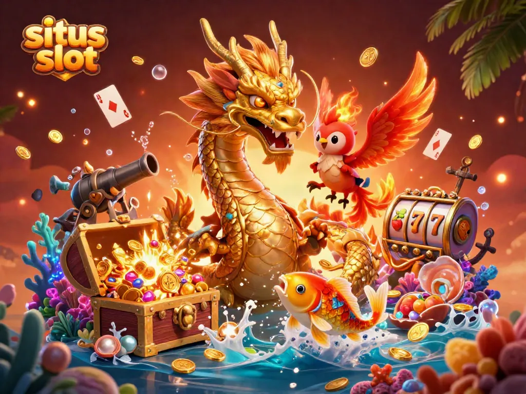 Ilustrasi 3D situs slot menampilkan naga emas dan ikan koi yang melompat di atas tumpukan koin.