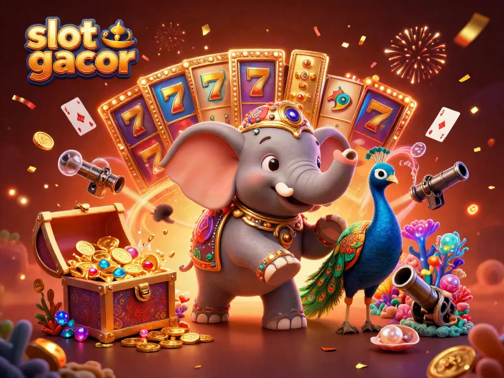 Experience the thrill of winning on slot gacor as a vibrant elephant and peacock celebrate in a dazzling casino scene.