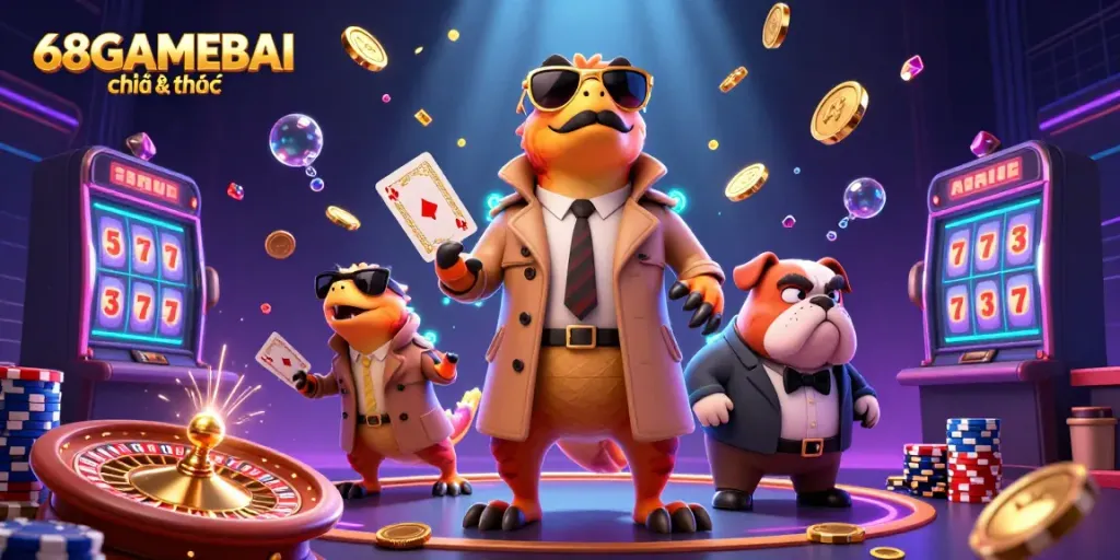 Experience gaming action at 68GAMEBAI chính thức: three raptors in disguise enter a VIP casino lounge.