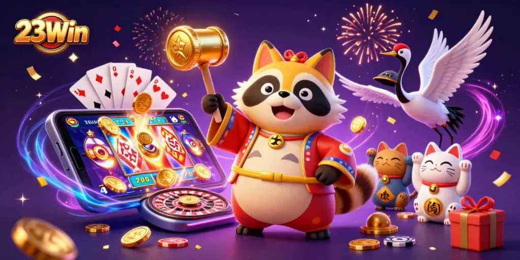 Experience excitement at 23Win with a vibrant scene of cheerful characters celebrating casino games.